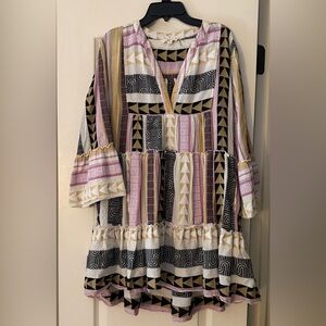 Elan Pink Black Gold Geometric Tiered Dress